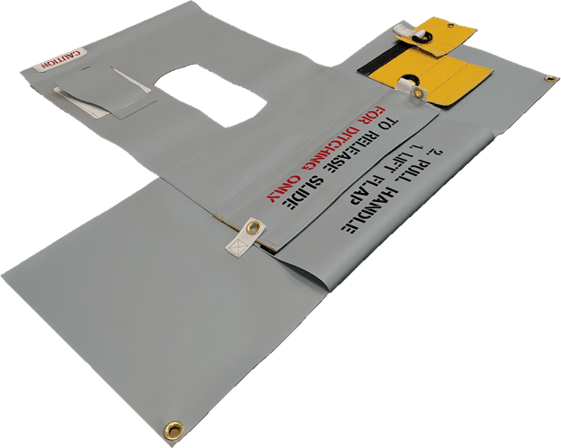 A folded gray safety slide designed for training purposes, complete with instructions in red and black text, yellow flaps, and attached metal grommets.