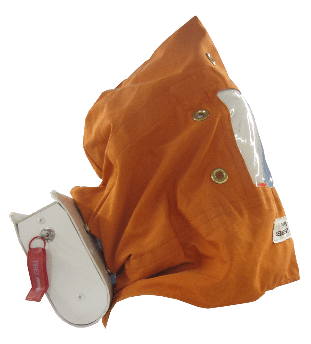 A side view of an orange head cover with a face shield, avox style, and a label "FOR TRAINING USE ONLY"