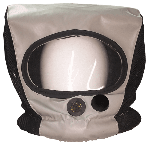 Crew PBE beige and black head cover with clear face shield, Air Liquide Style.