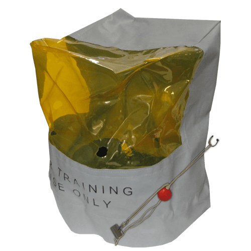 Crew PBE white head cover with yellow face shield, approved Essex style, marked "FOR TRAINING USE ONLY"