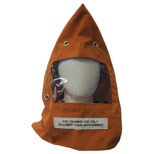 An orange head cover with a face shield, avox style, and a label "FOR TRAINING USE ONLY"
