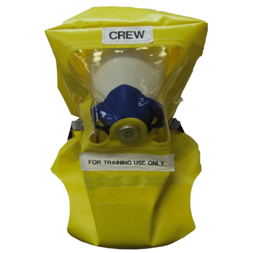A yellow crew emergency training oxygen mask with a transparent face cover.